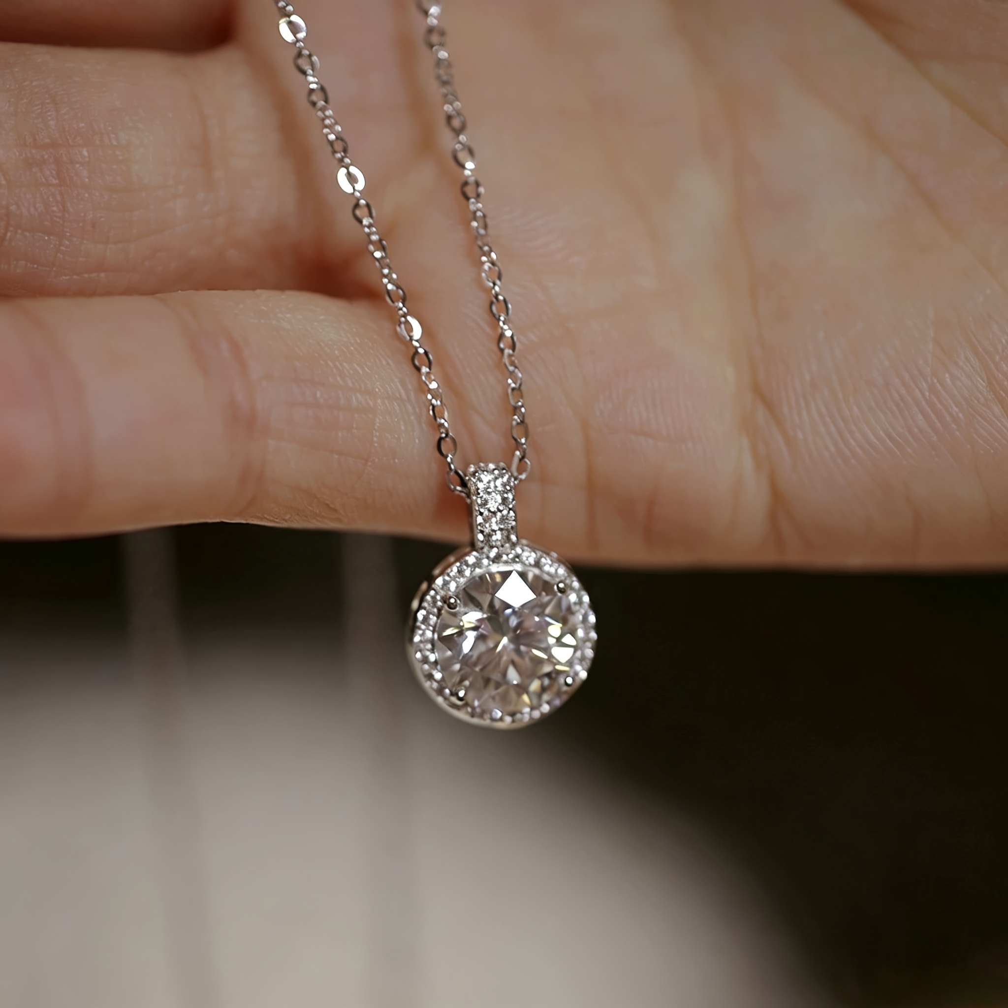 Women's 925 Silver Round Sparkling Necklace, Elegant Daily Wear